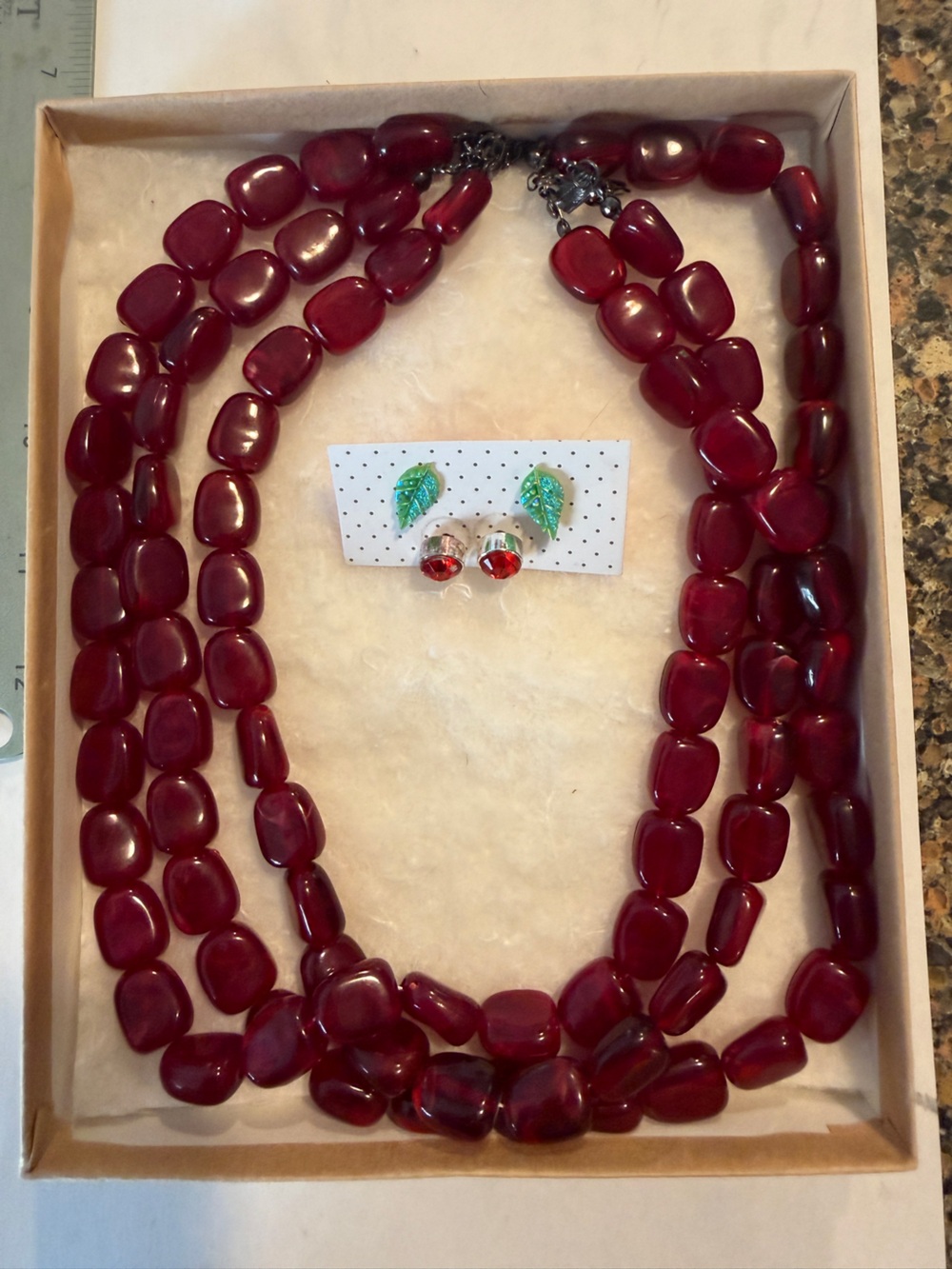 Red Beaded Necklace and Red Crystal Stud Earrings Set